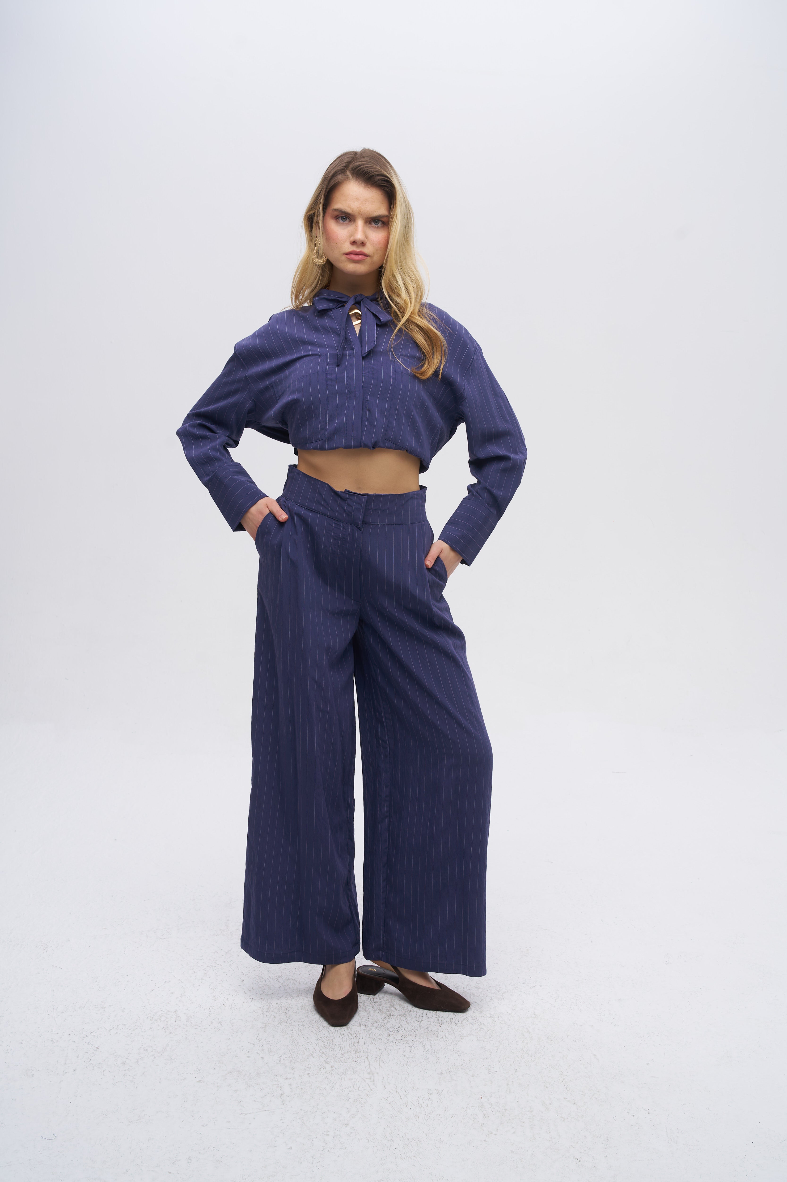 İnce Çizgi Desenli Arkası Lastikli Bol Paça Pantolon Laci