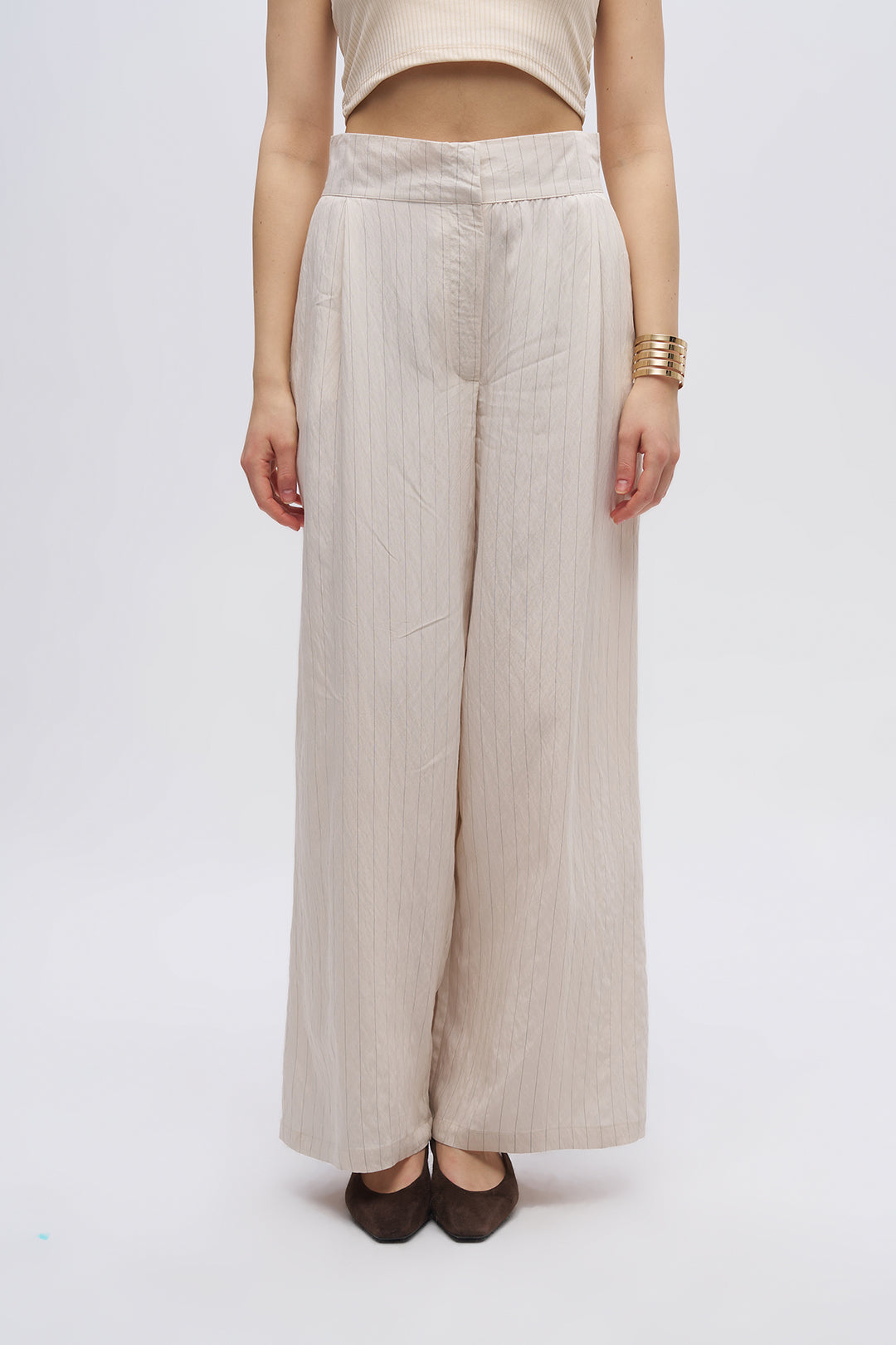 İnce Çizgi Desenli Arkası Lastikli Bol Paça Pantolon Taş Renk