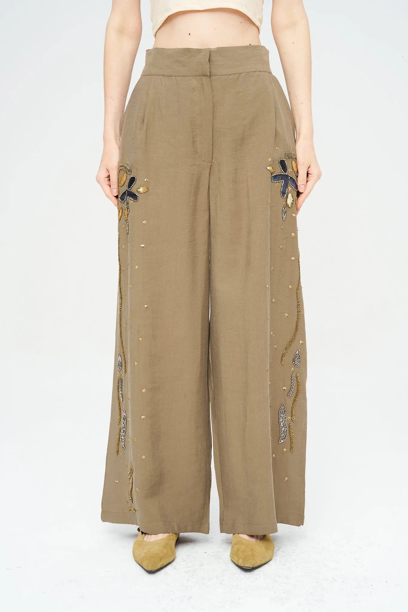Taş İşlemeli Palazzo Pantolon - Haki ORFEONEGRO