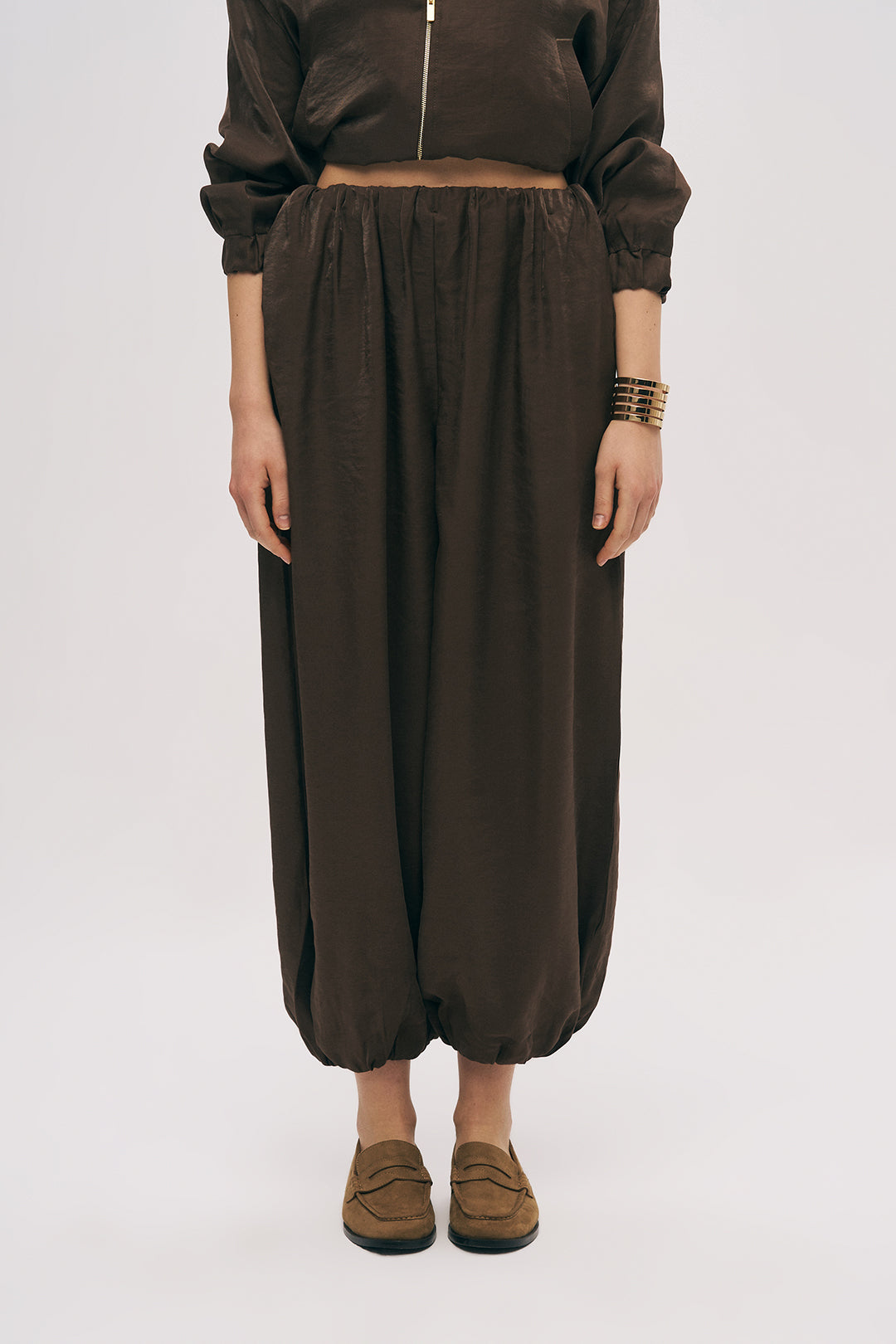 Toptan Kadın Beli Lastikli Dökümlü Pantolon Kahve