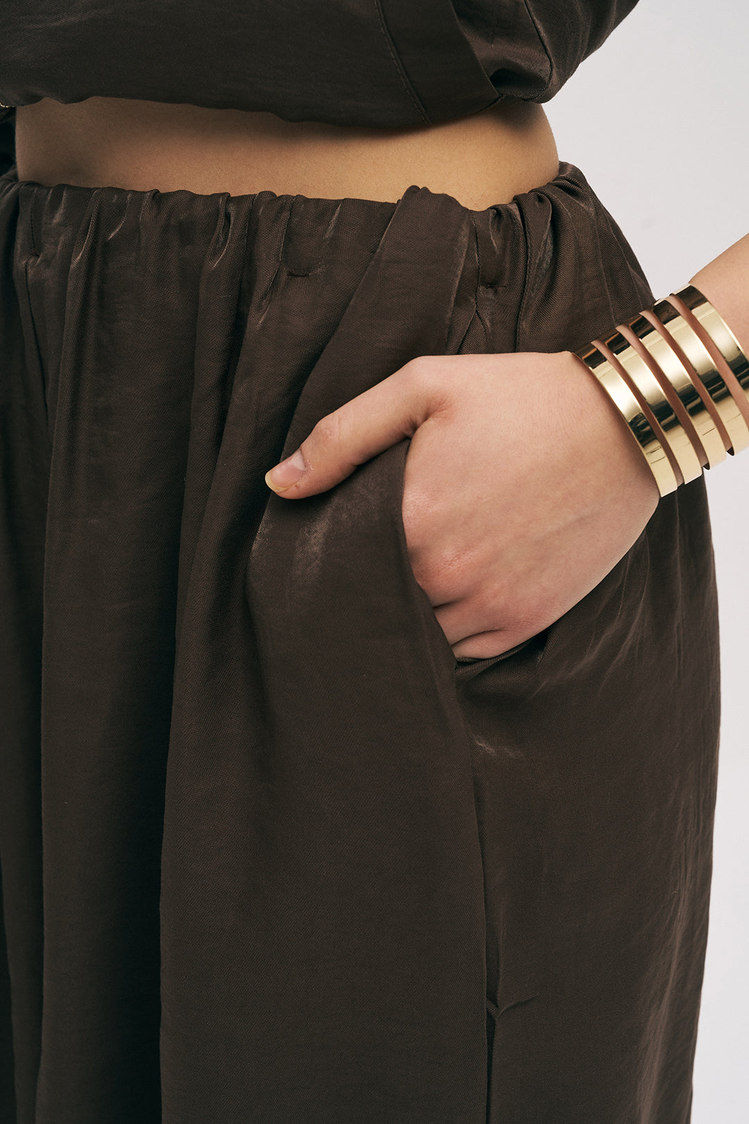 Toptan Kadın Beli Lastikli Dökümlü Pantolon Kahve