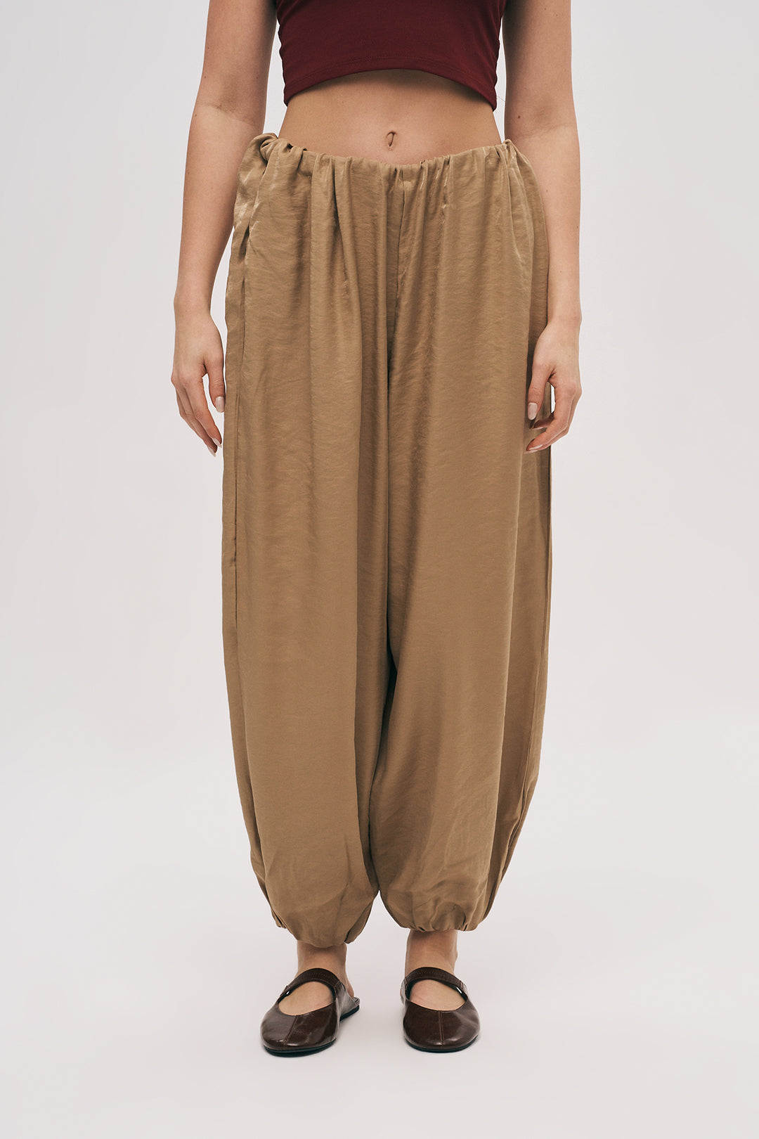 Toptan Kadın Beli Lastikli Dökümlü Pantolon Karamel