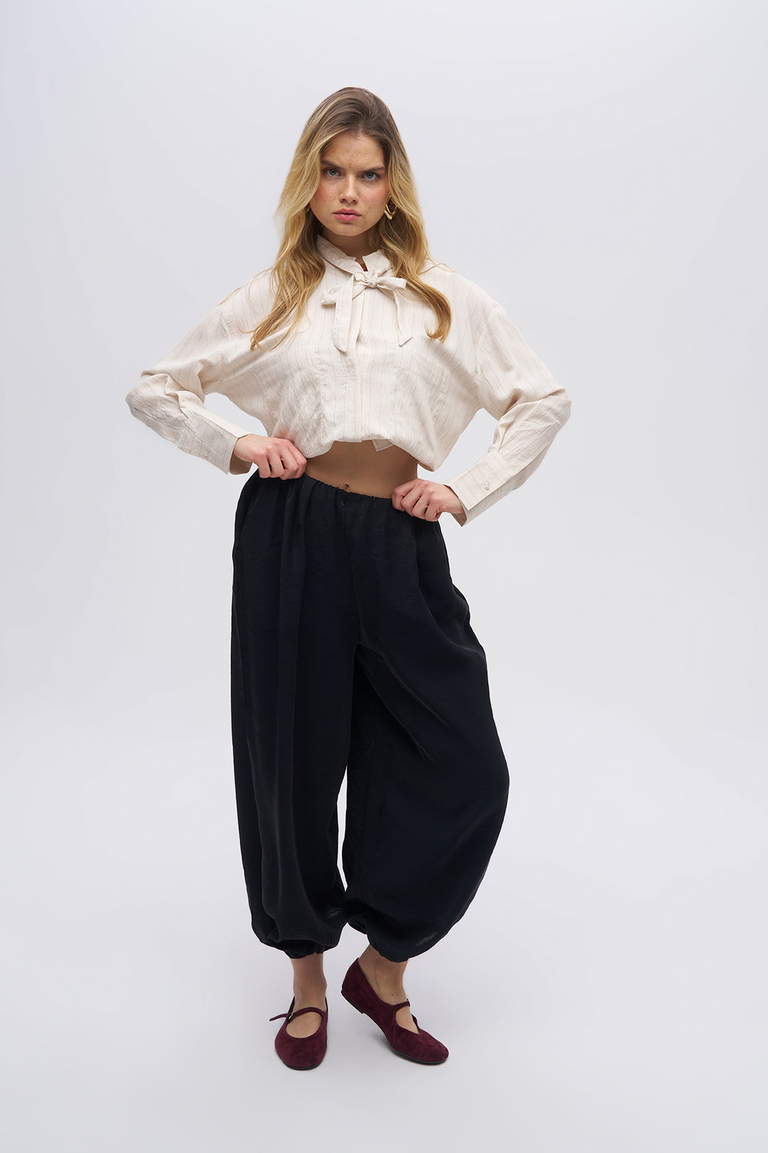 Toptan Kadın Beli Lastikli Dökümlü Pantolon Siyah