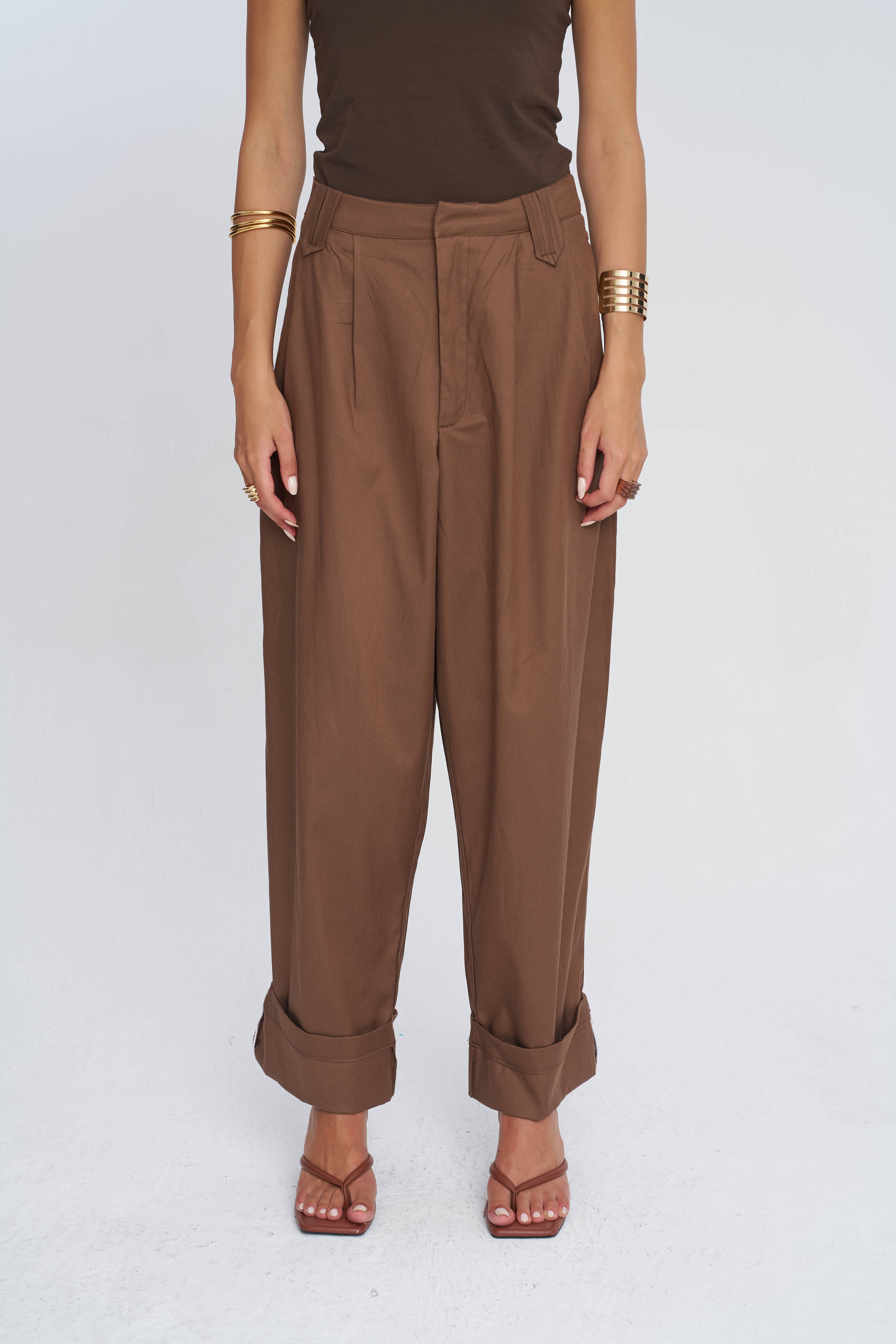 Toptan Duble Paça Tencel Karışımlı Kadın Pantolon Kahve