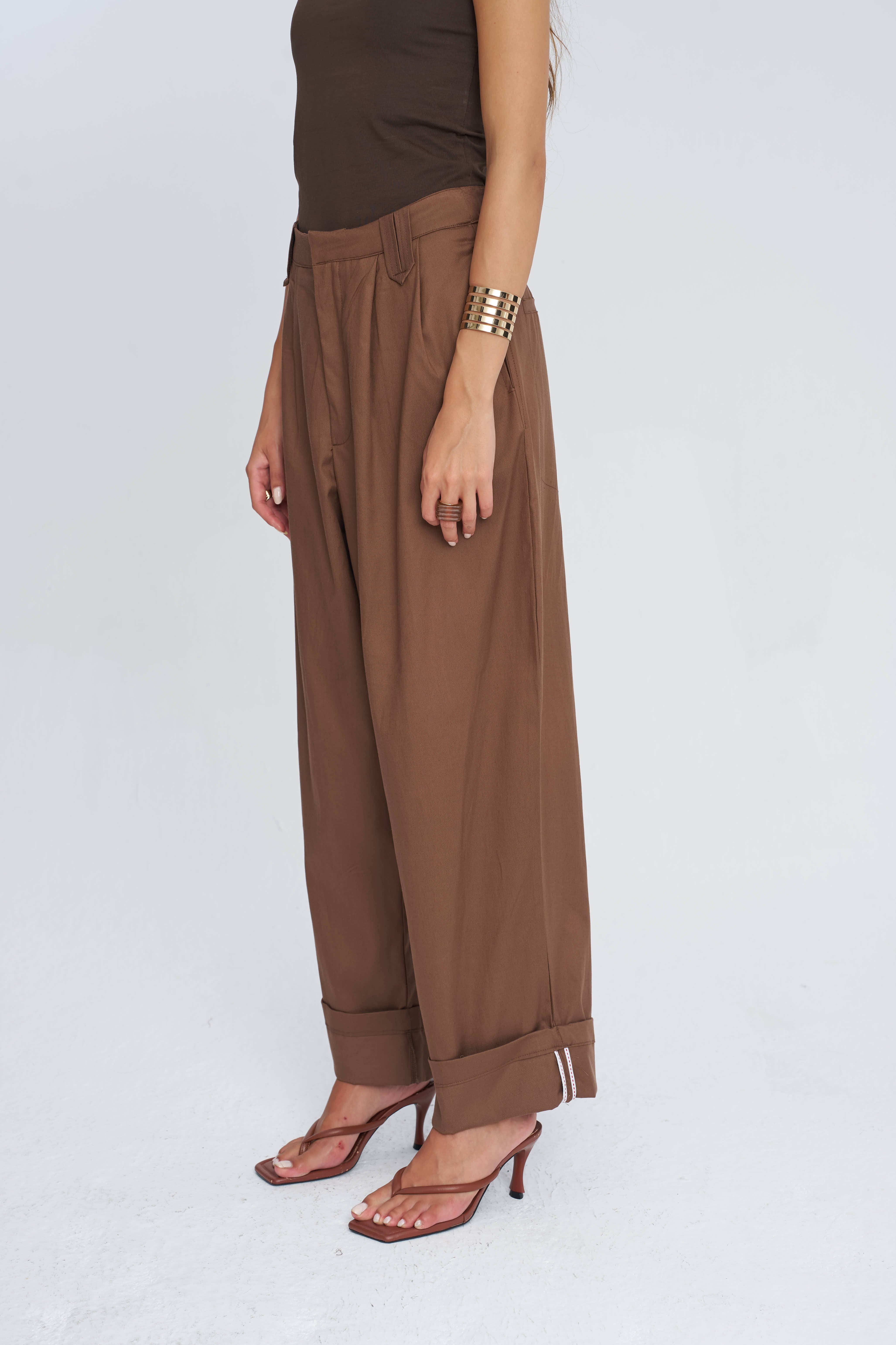 Toptan Duble Paça Tencel Karışımlı Kadın Pantolon Kahve