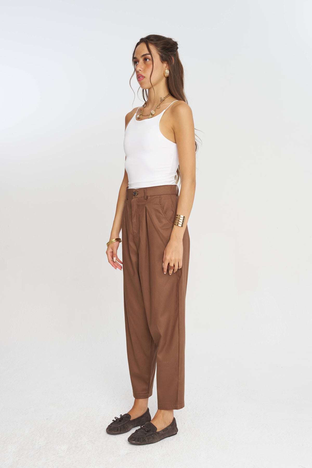 Toptan Düğme Detaylı Tencel Karışımlı Kadın Pantolon Kahverengi