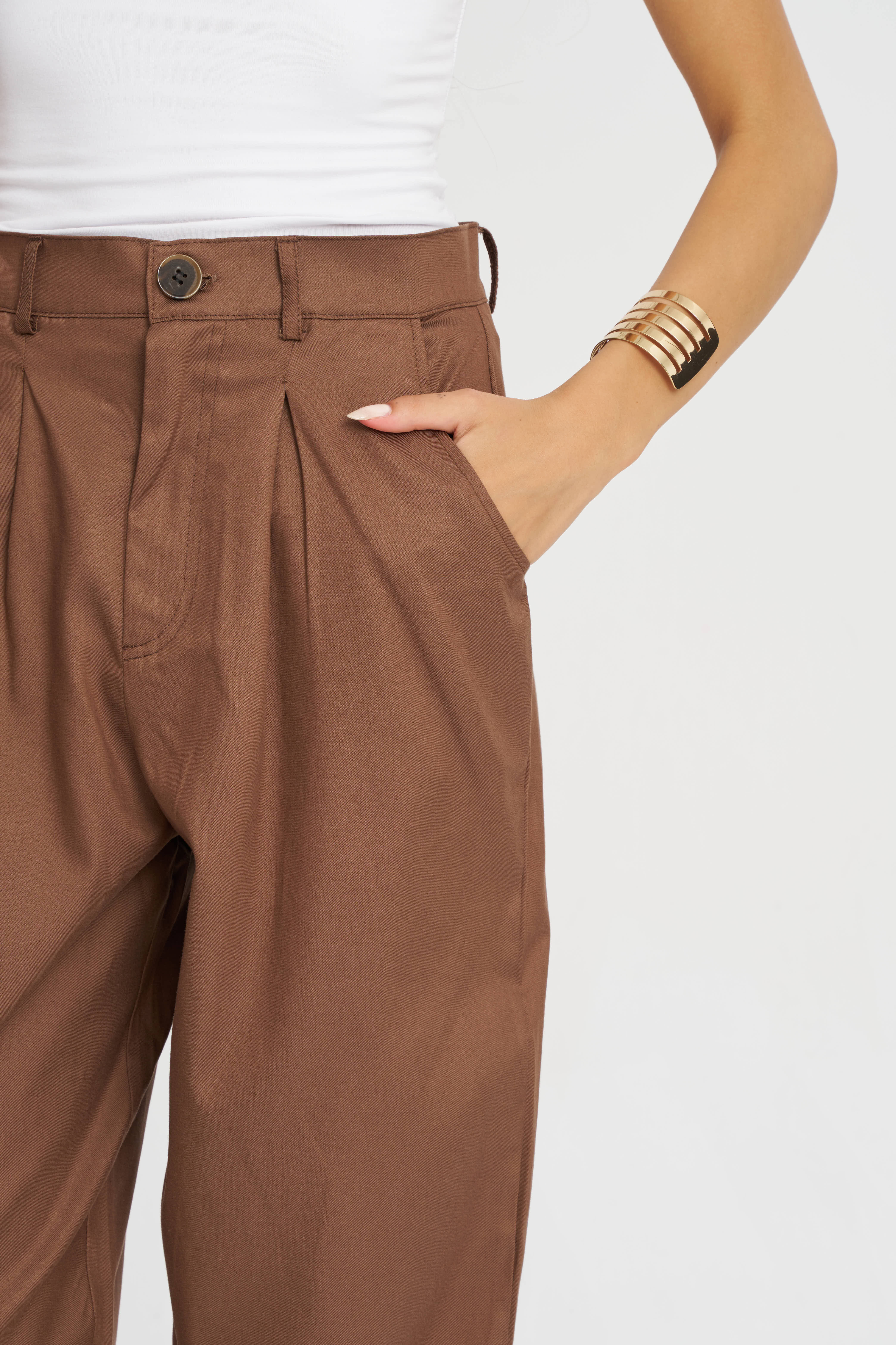 Toptan Düğme Detaylı Tencel Karışımlı Kadın Pantolon Kahverengi