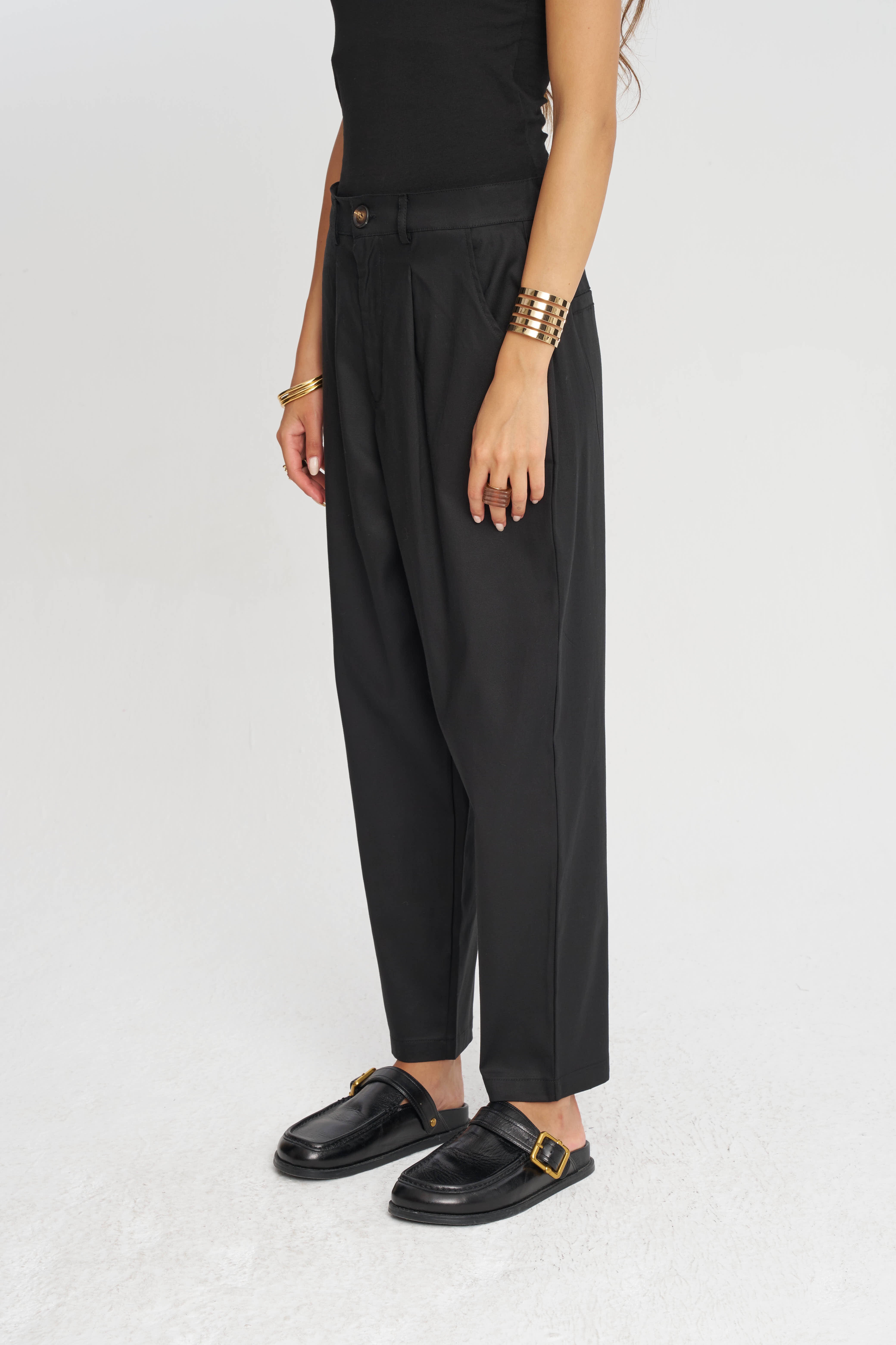 Toptan Düğme Detaylı Tencel Karışımlı Kadın Pantolon Siyah