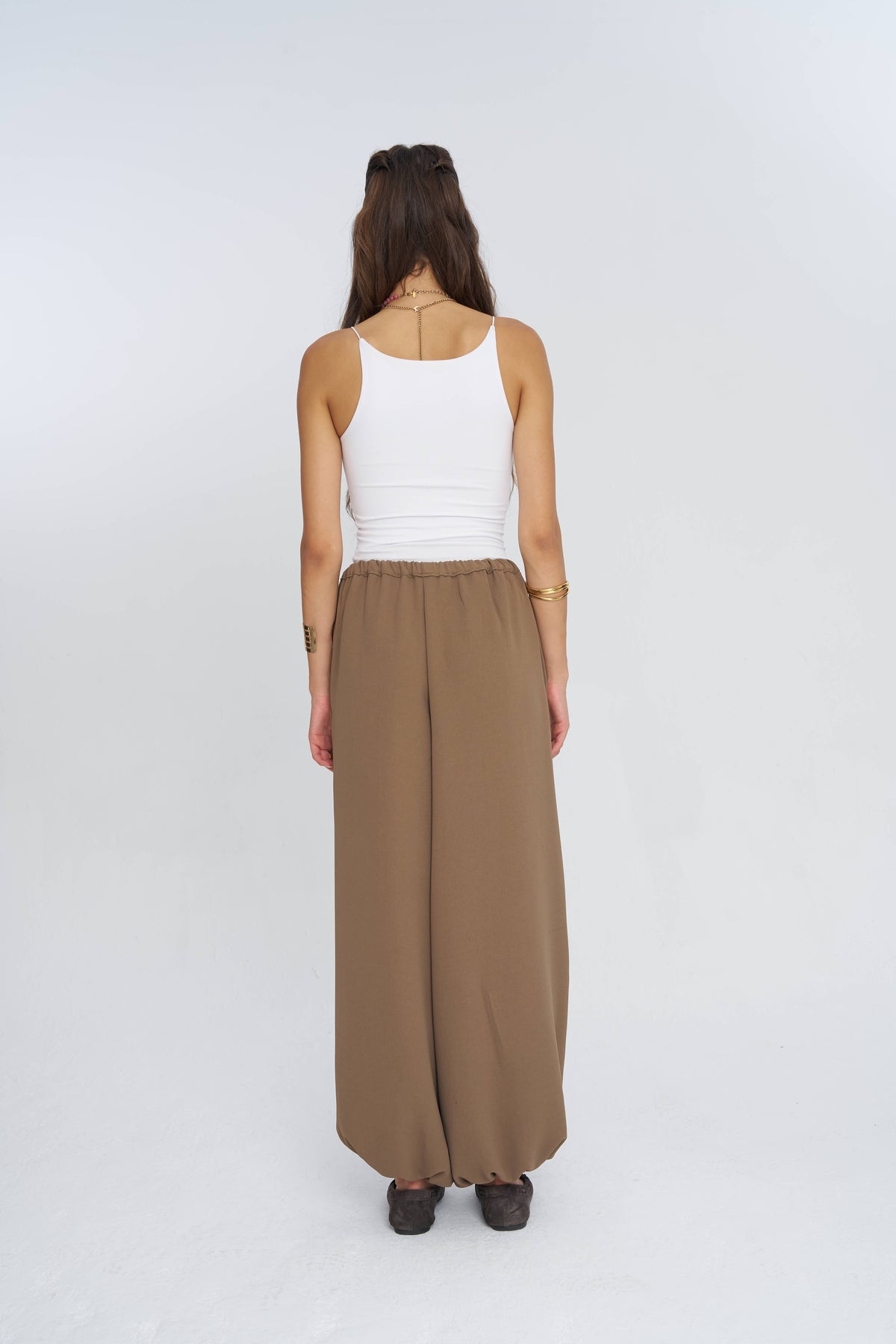 Toptan Beli Bağcıklı Paçası Lastikli Bej Kadın Pantolon
