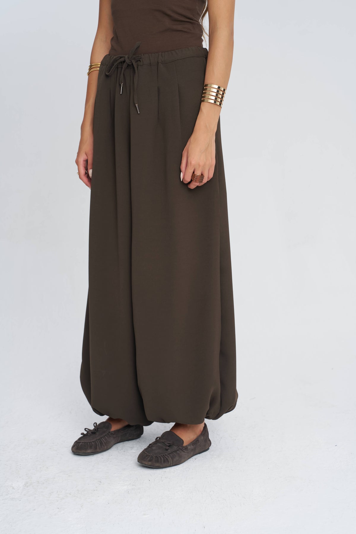 Toptan Beli Bağcıklı Paçası Lastikli Kahve Kadın Pantolon