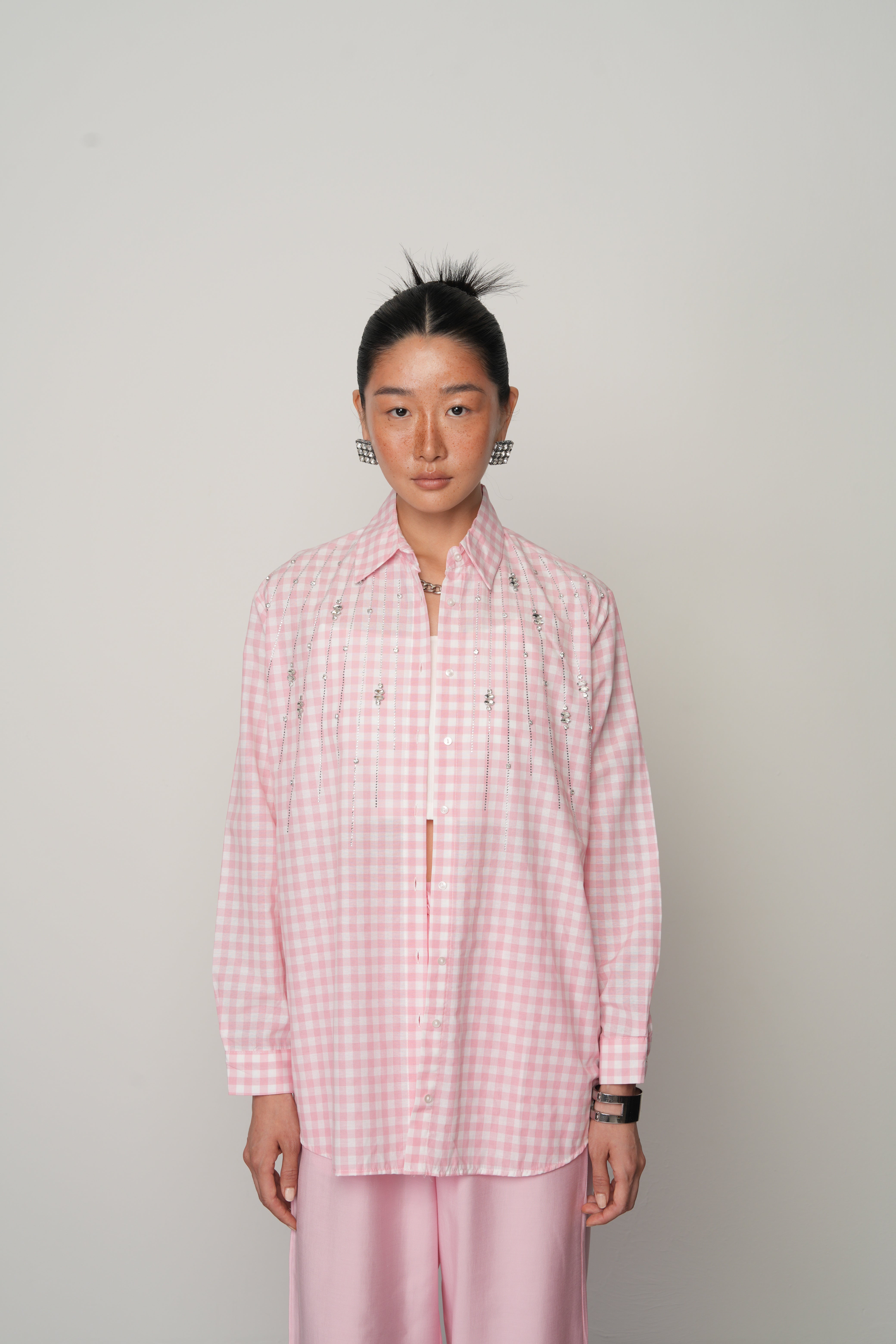 Robası Taş İşlemeli Pötikare Kadın Gömlek – Oversize / 80 cm | %50 Pamuk | Yerli Üretim 34582 Pembe