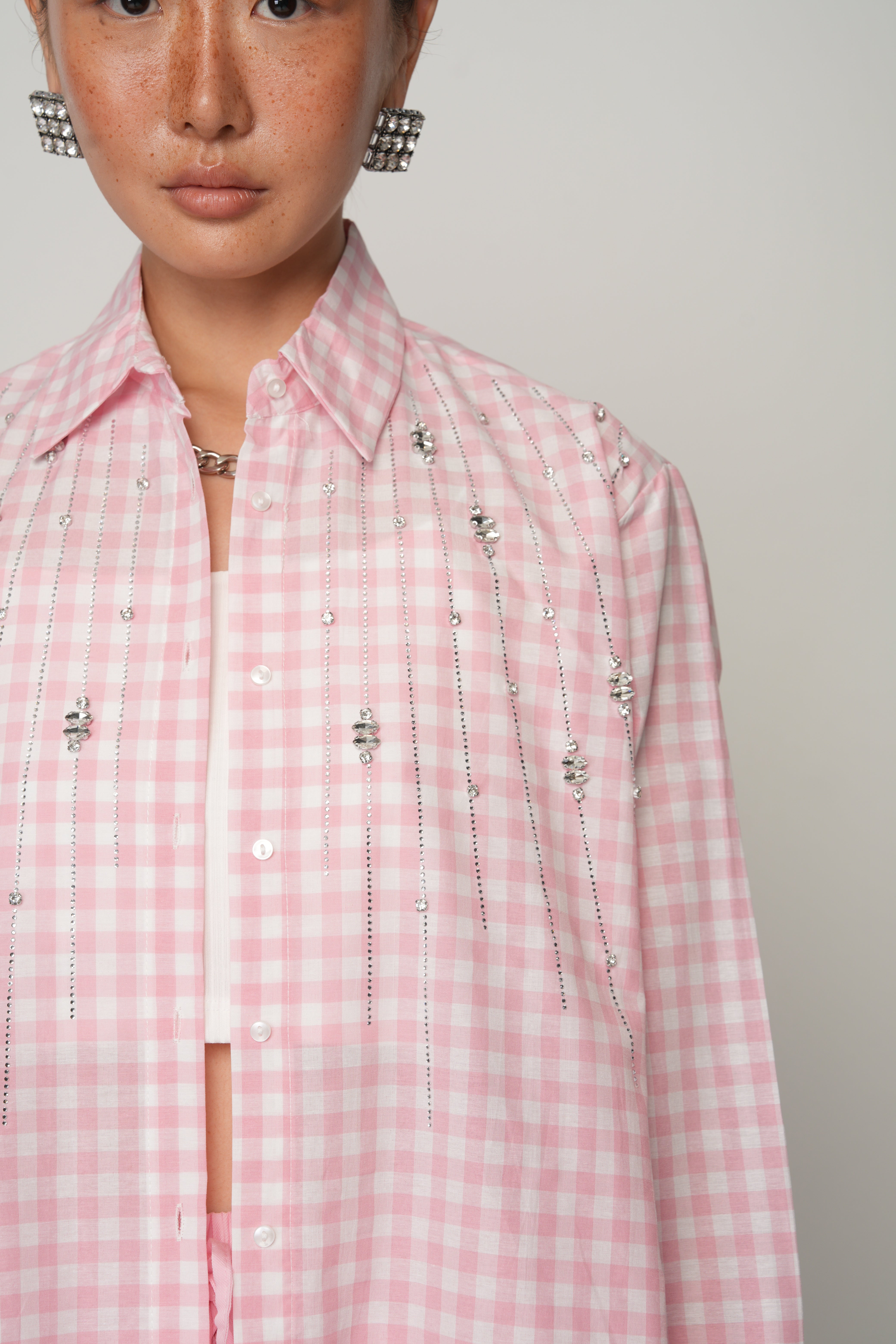 Robası Taş İşlemeli Pötikare Kadın Gömlek – Oversize / 80 cm | %50 Pamuk | Yerli Üretim 34582 Pembe