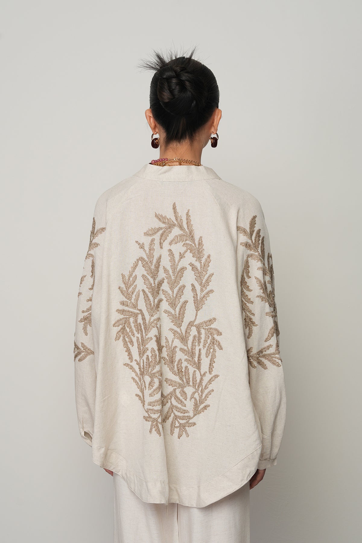 Sırtı ve Kolu Nakışlı Kadın Kimono – Oversize | Viskon Keten | Yerli Üretim 34013