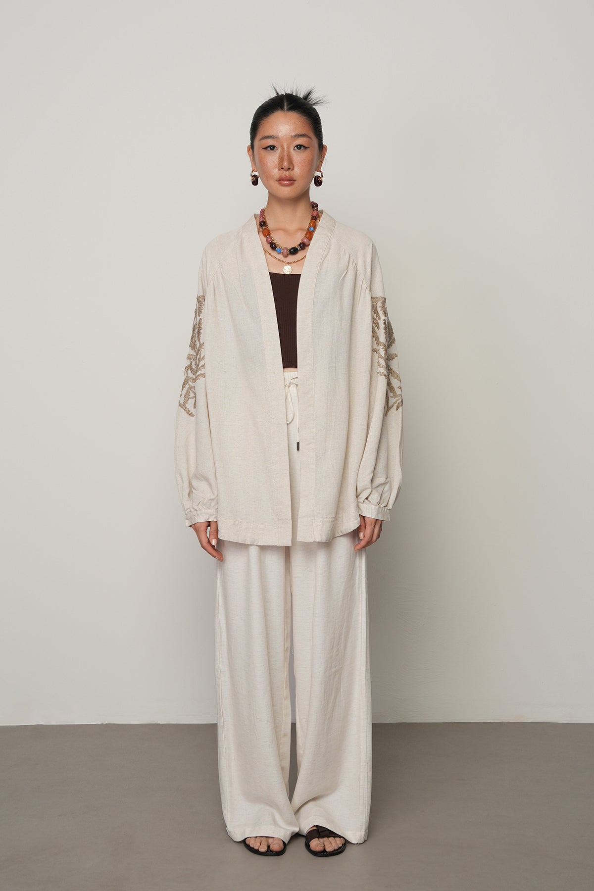 Sırtı ve Kolu Nakışlı Kadın Kimono – Oversize | Viskon Keten | Yerli Üretim 34013