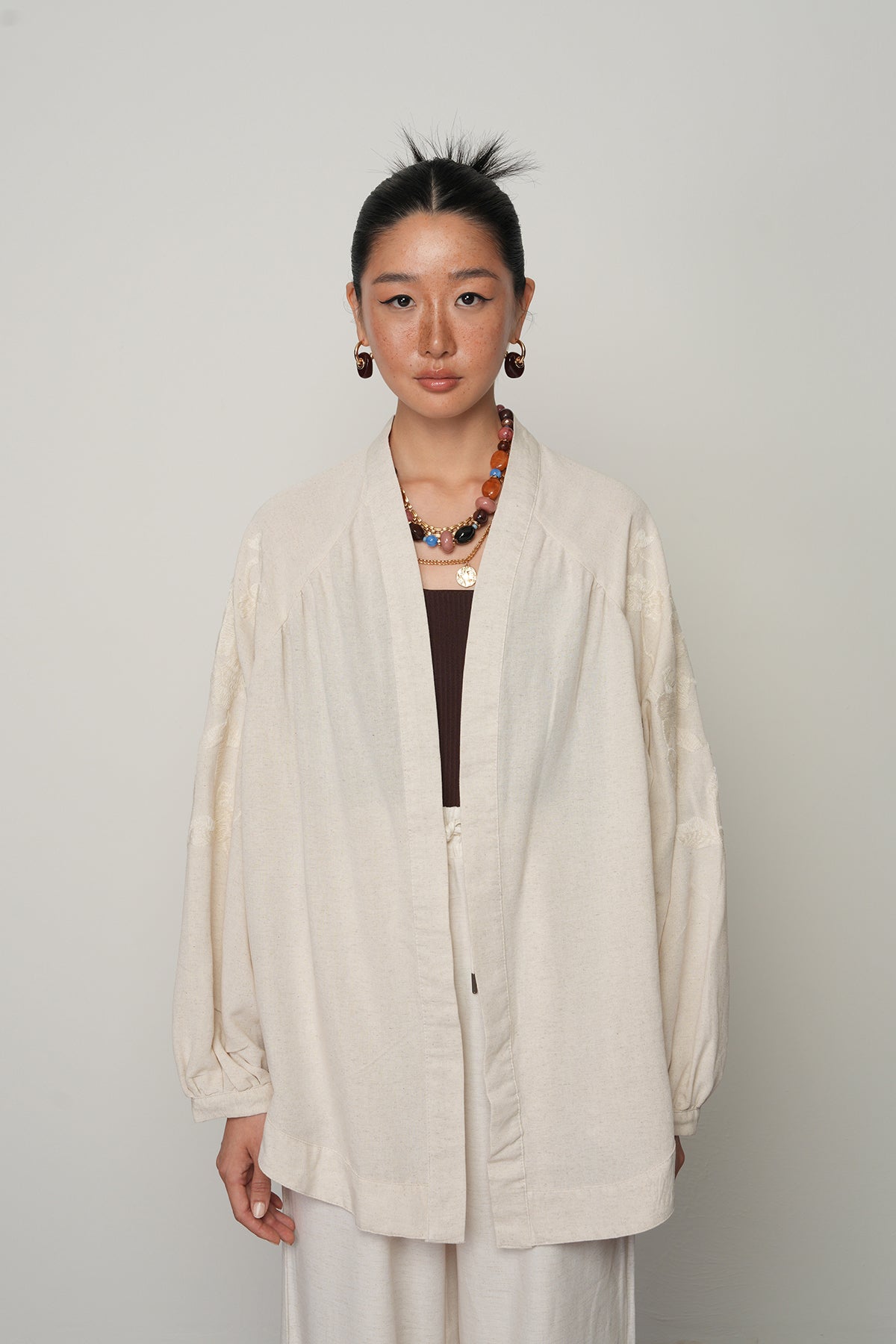 Toptan Sırtı ve Kolu Nakışlı Oversize Kimono – Viskon Keten Karışımı | Yerli Üretim 34014