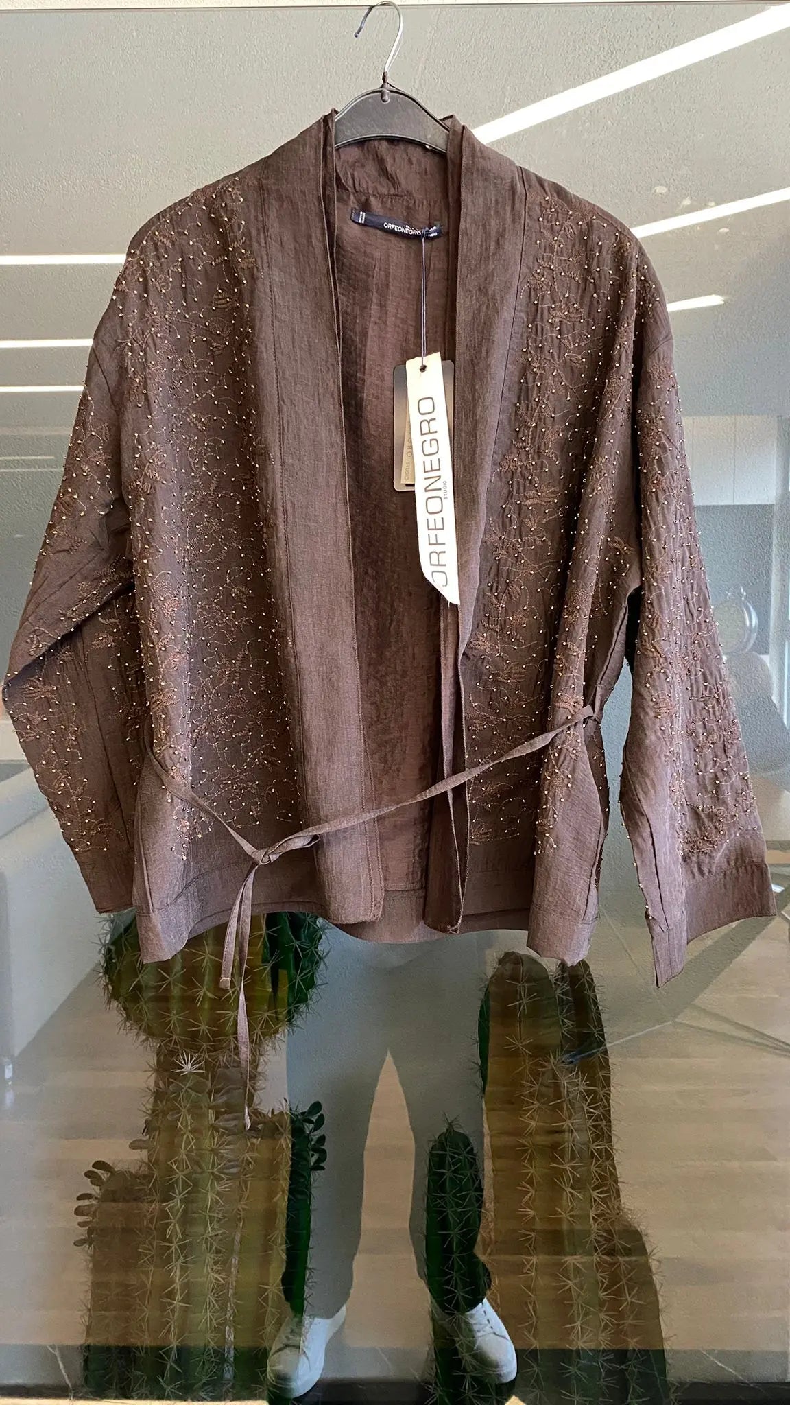 Nakış ve Boncuk İşlemeli Kimono Kahve ORFEONEGRO