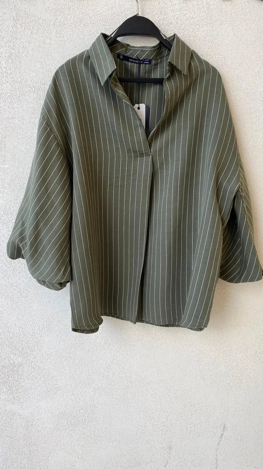 Çizgili Tencel Karışımlı Oversize Gömlek - Haki ORFEONEGRO