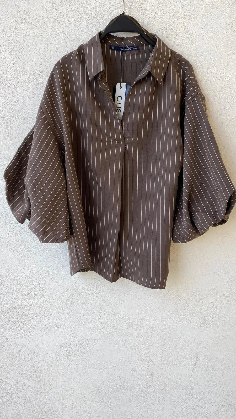 Çizgili Tencel Karışımlı Oversize Gömlek - Kahve ORFEONEGRO
