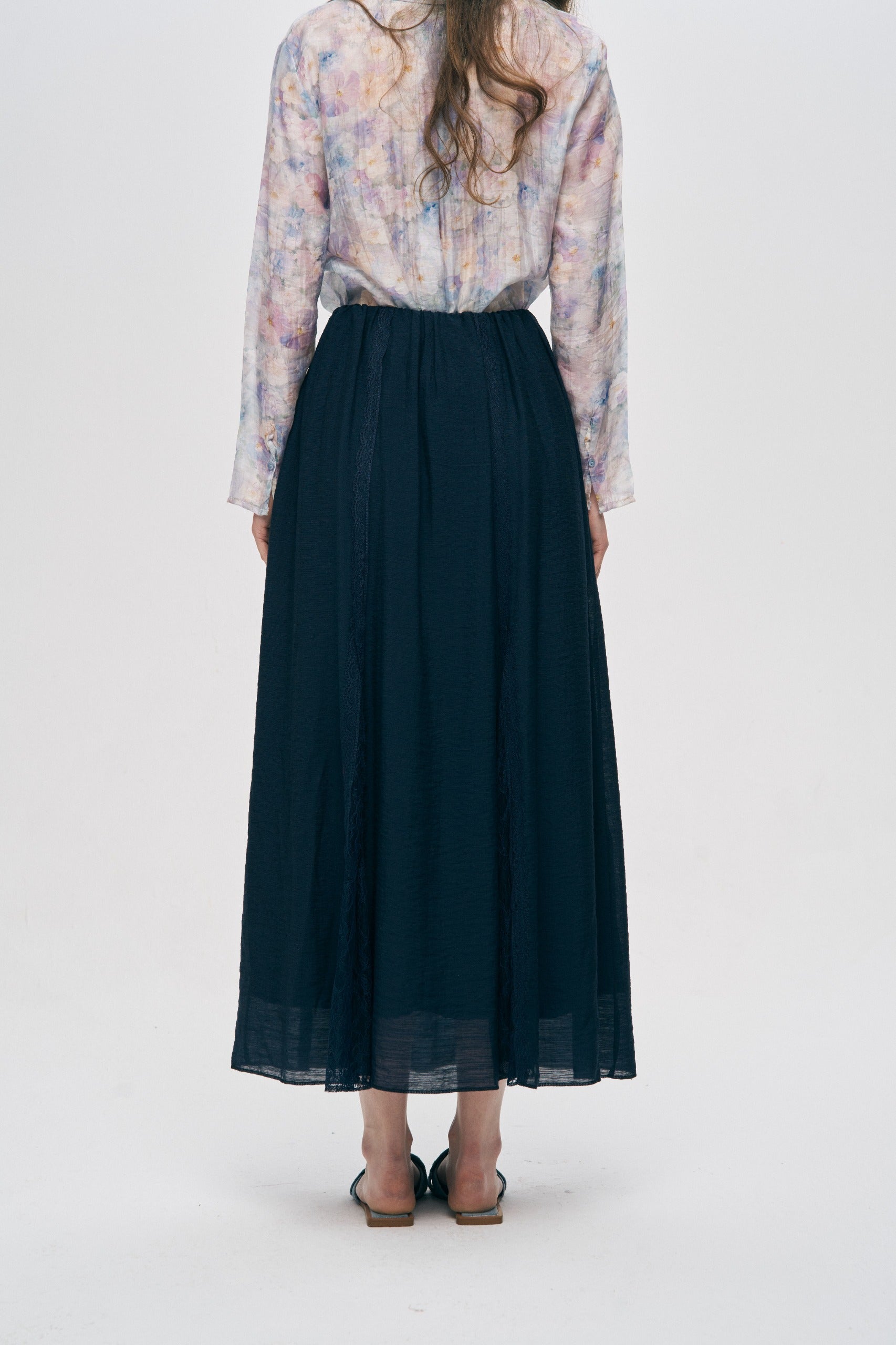 Orfeonegro Lacivert Nakışlı ve Dantel Şerit Detaylı Maxi Boy Etek