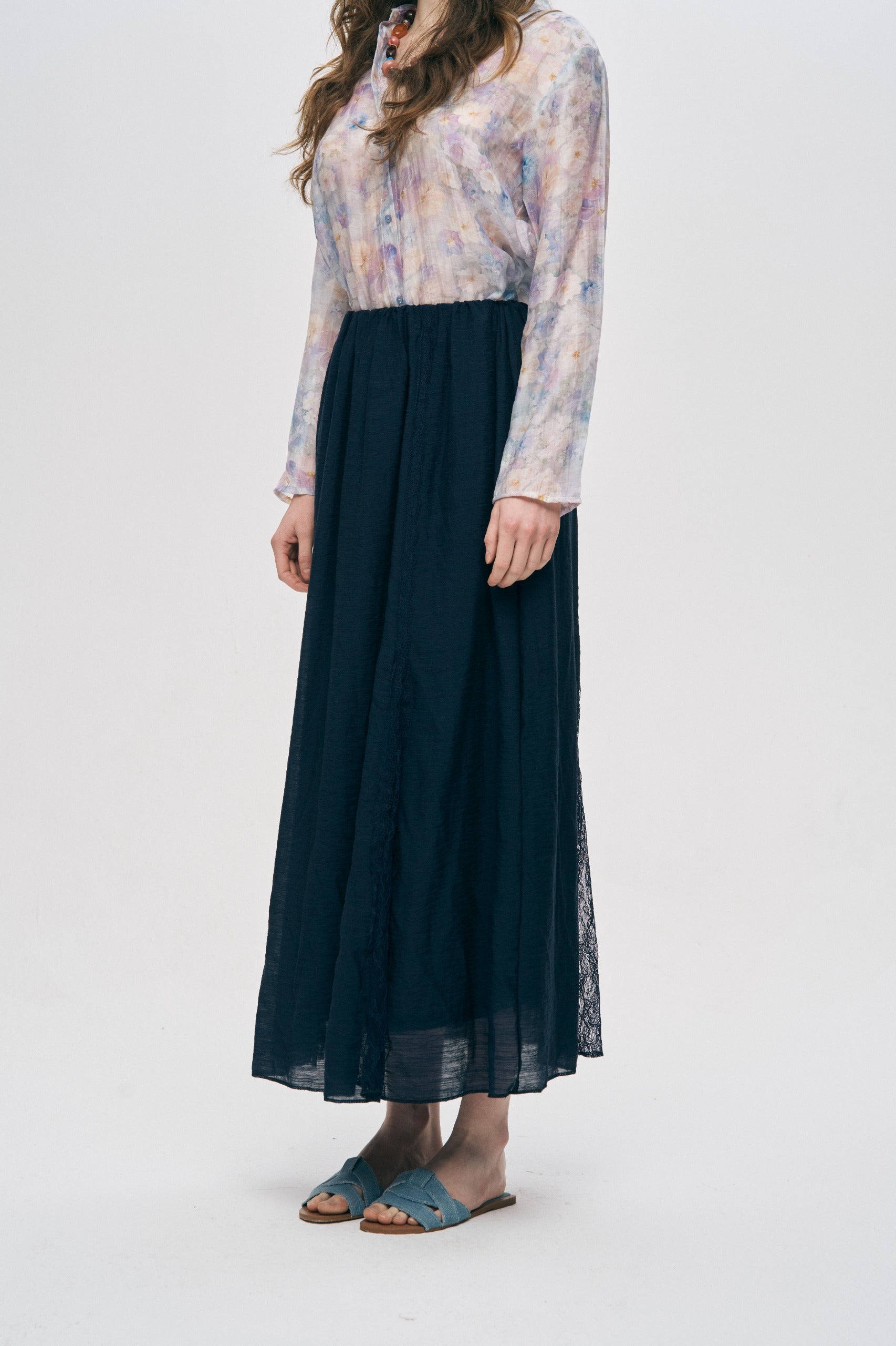 Orfeonegro Lacivert Nakışlı ve Dantel Şerit Detaylı Maxi Boy Etek