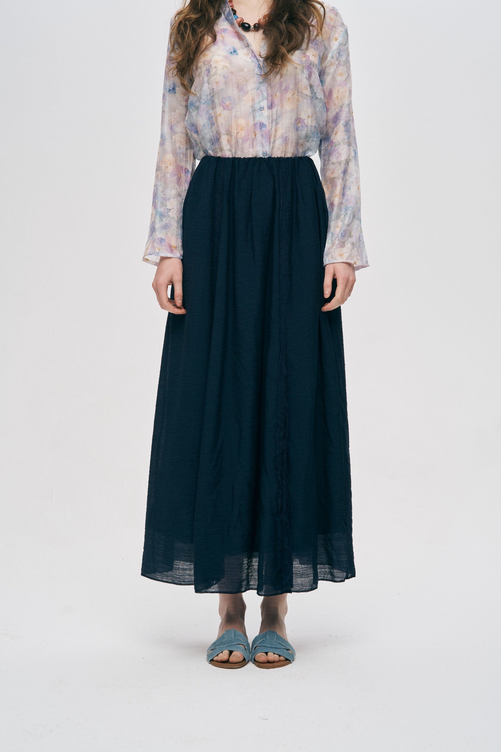 Orfeonegro Lacivert Nakışlı ve Dantel Şerit Detaylı Maxi Boy Etek