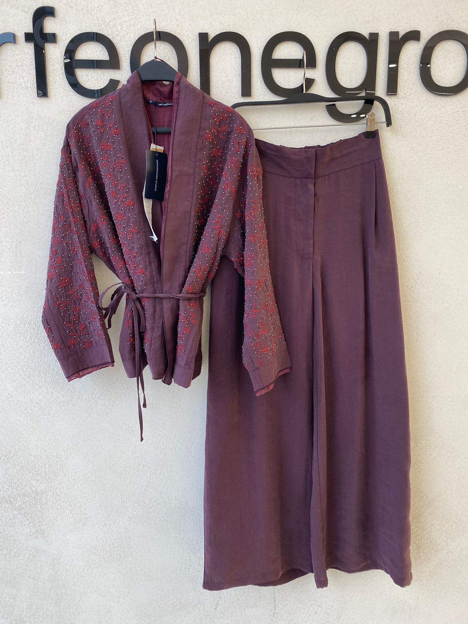 Boncuk ve Nakış İşlemeli Bordo Kimono Takım