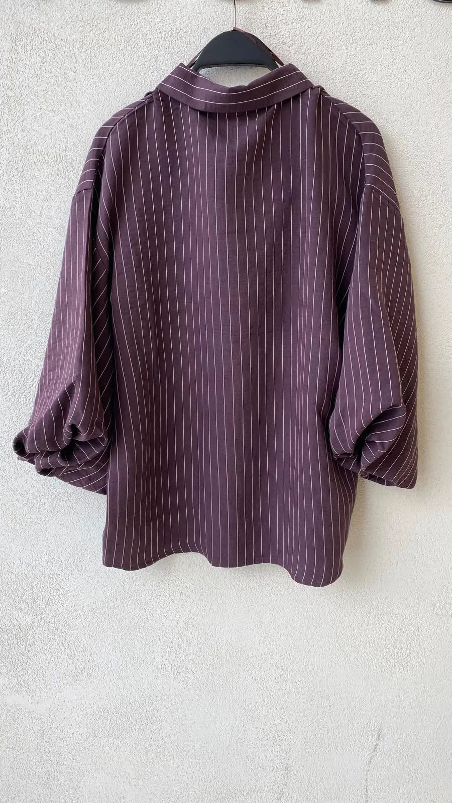 Çizgili Tencel Karışımlı Oversize Gömlek - Bordo ORFEONEGRO
