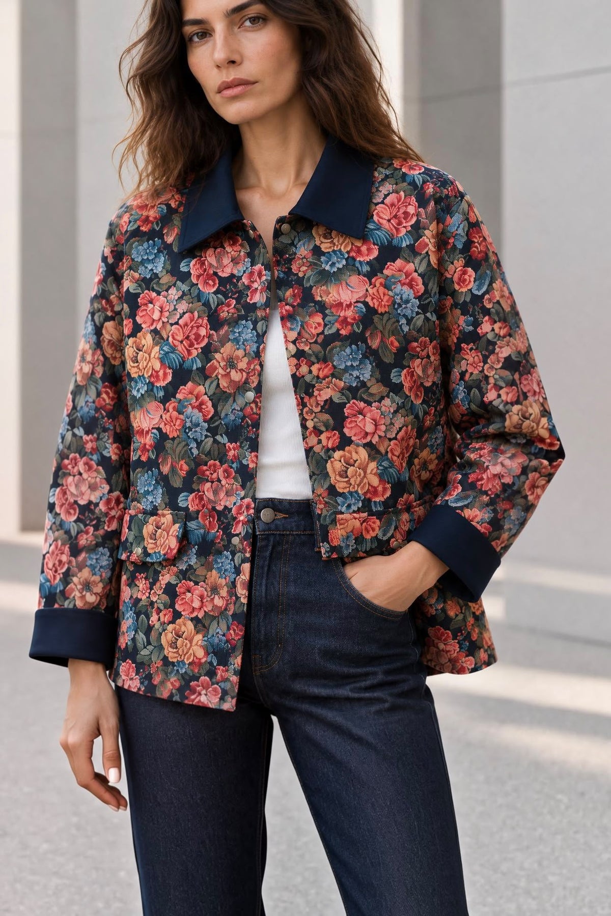 Toptan Kadın Lacivert Gül Desenli Oversize Ceket Çıtçıtlı