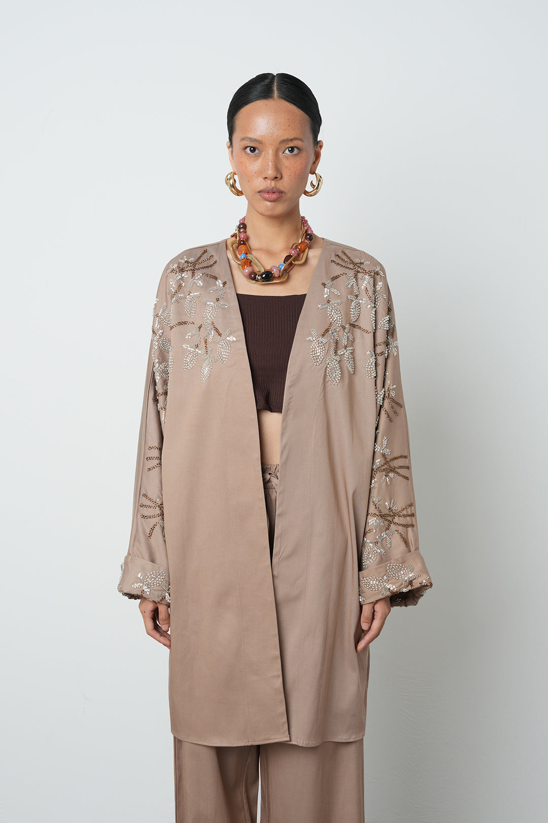 Boncuk detaylı oversize kimono, toptan kadın giyim, tesettür giyim, günlük şık kimono