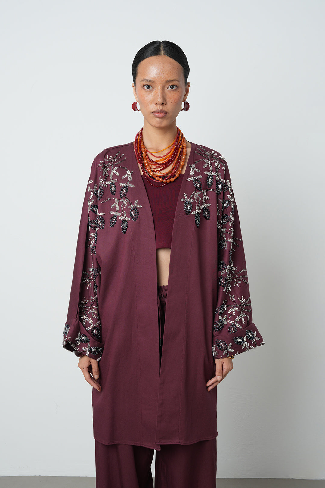 Boncuk detaylı oversize kimono, toptan kadın giyim, tesettür giyim, günlük şık kimono