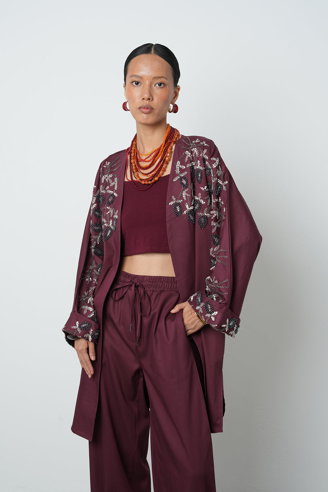 Boncuk detaylı oversize kimono, toptan kadın giyim, tesettür giyim, günlük şık kimono