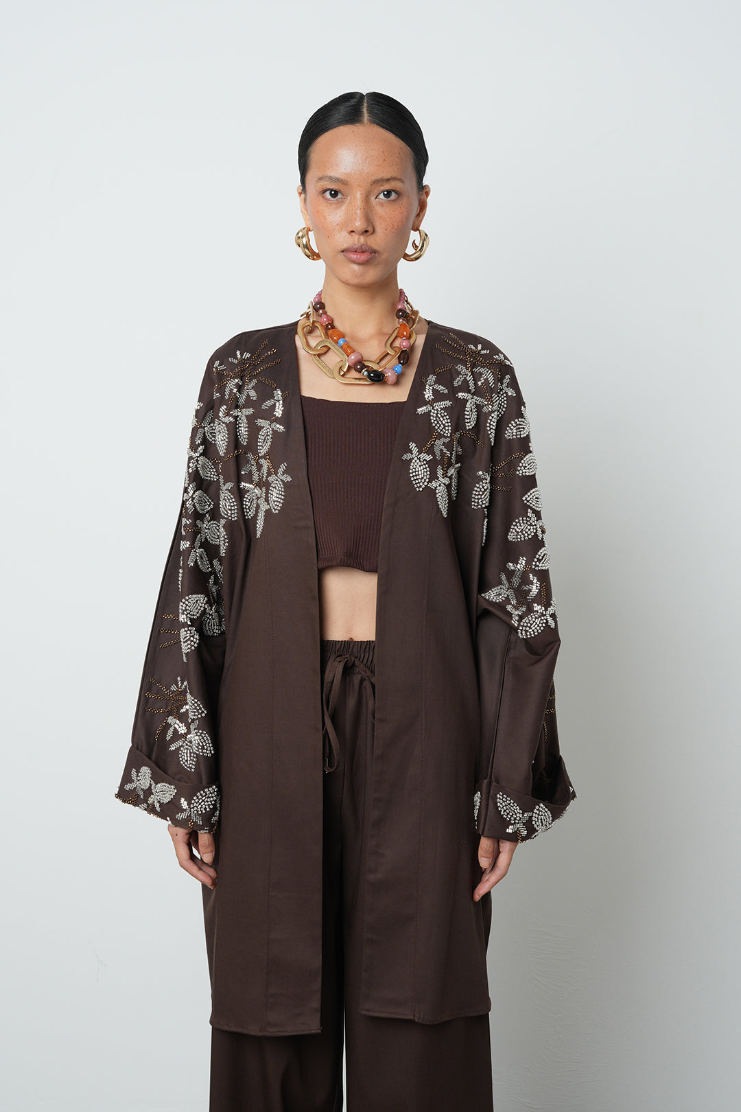 Boncuk detaylı oversize kimono, toptan kadın giyim, tesettür giyim, günlük şık kimono