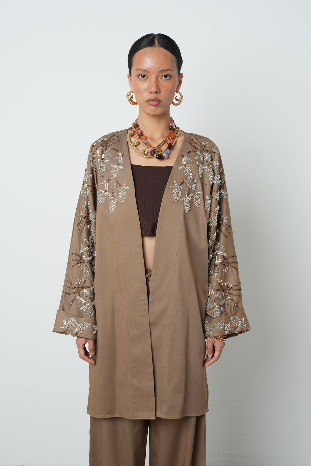 Boncuk detaylı oversize kimono, toptan kadın giyim, tesettür giyim, günlük şık kimono