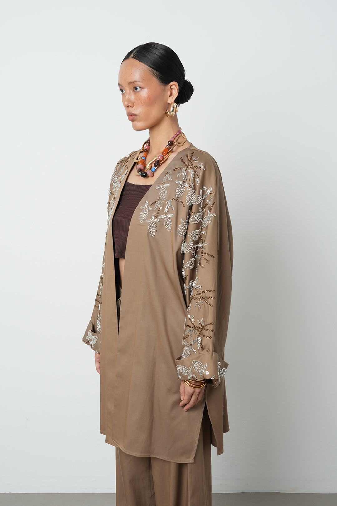 Boncuk detaylı oversize kimono, toptan kadın giyim, tesettür giyim, günlük şık kimono
