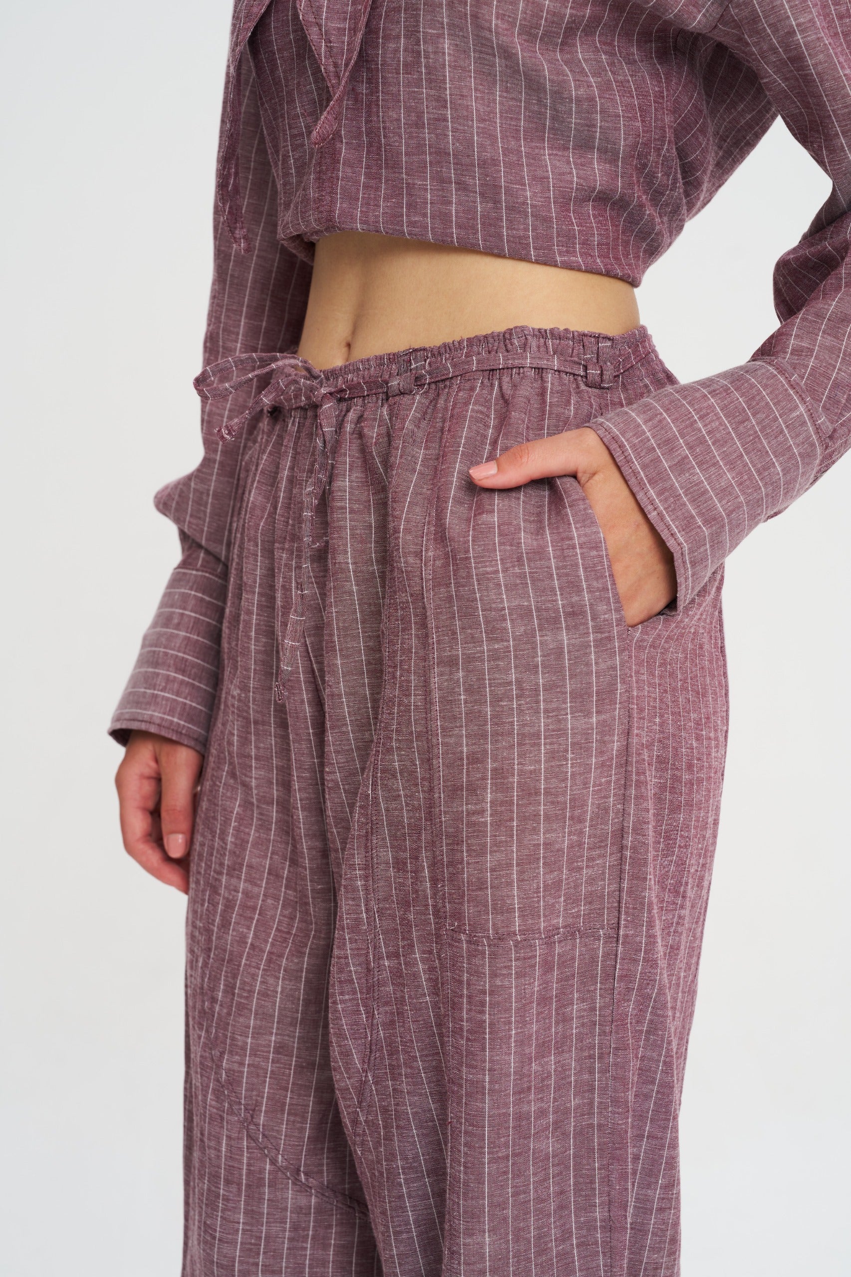 Toptan Çizgili Lastikli Bel ve Paça Tencel Keten Pantolon