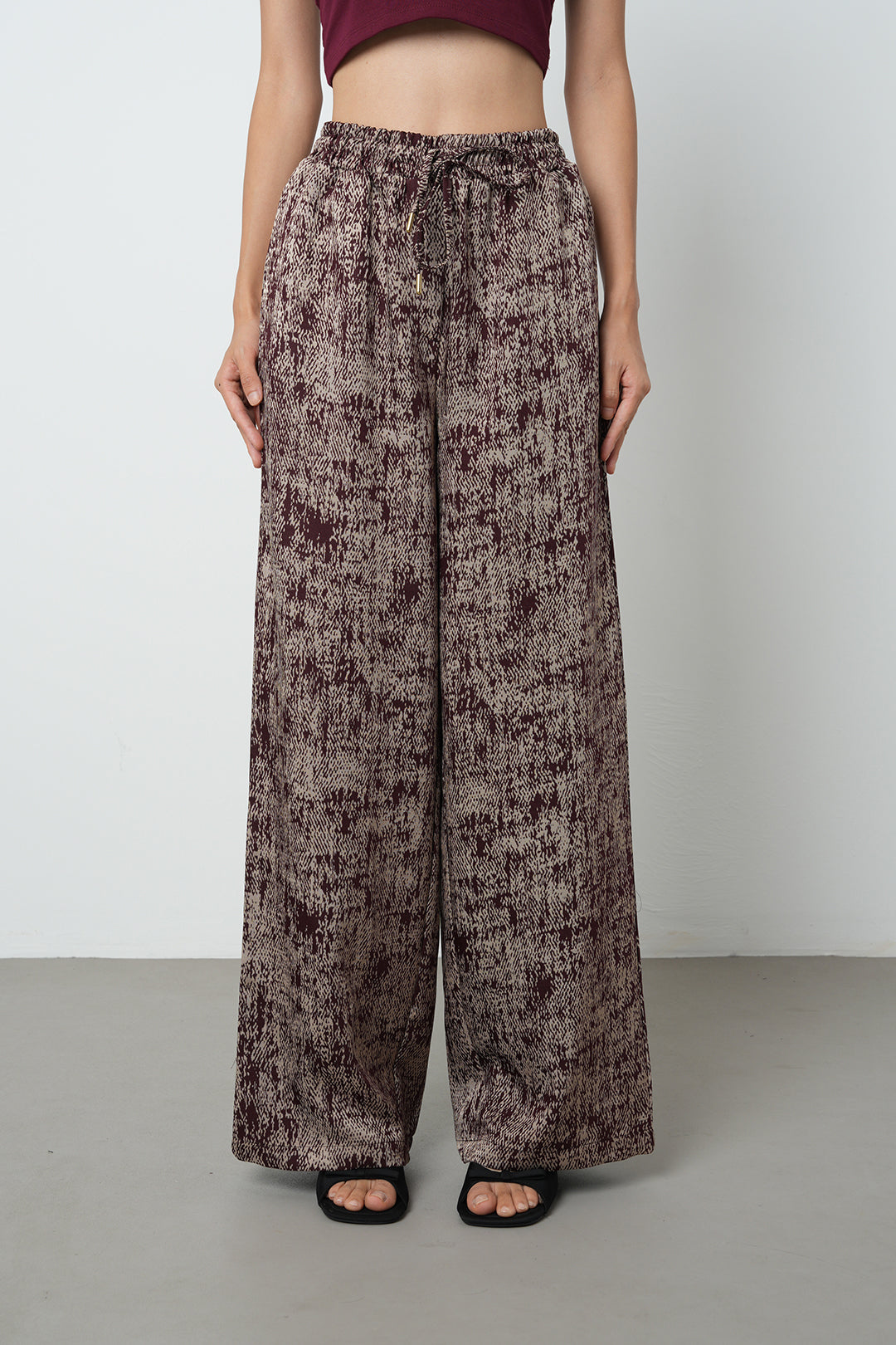 Bordo etnik desenli oversize kadın pantolon, lastikli bel