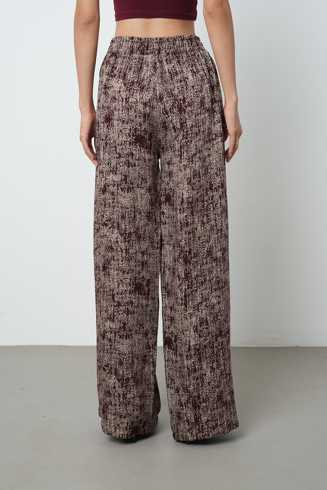 Bordo etnik desenli oversize kadın pantolon, lastikli bel