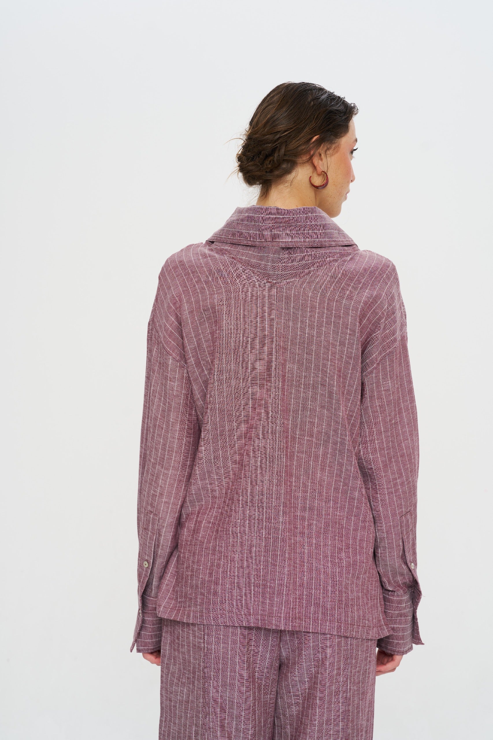 Toptan Çizgili Yaka Detaylı Tencel Keten Gömlek