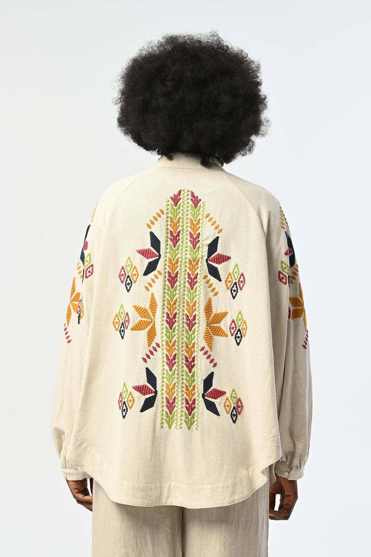 Etnik desenli nakışlı kadın keten kimono – oversize yazlık model
