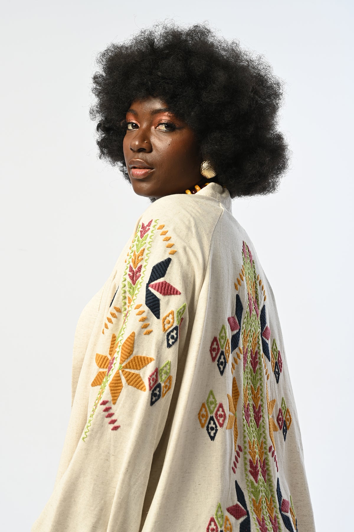 Etnik desenli nakışlı kadın keten kimono – oversize yazlık model