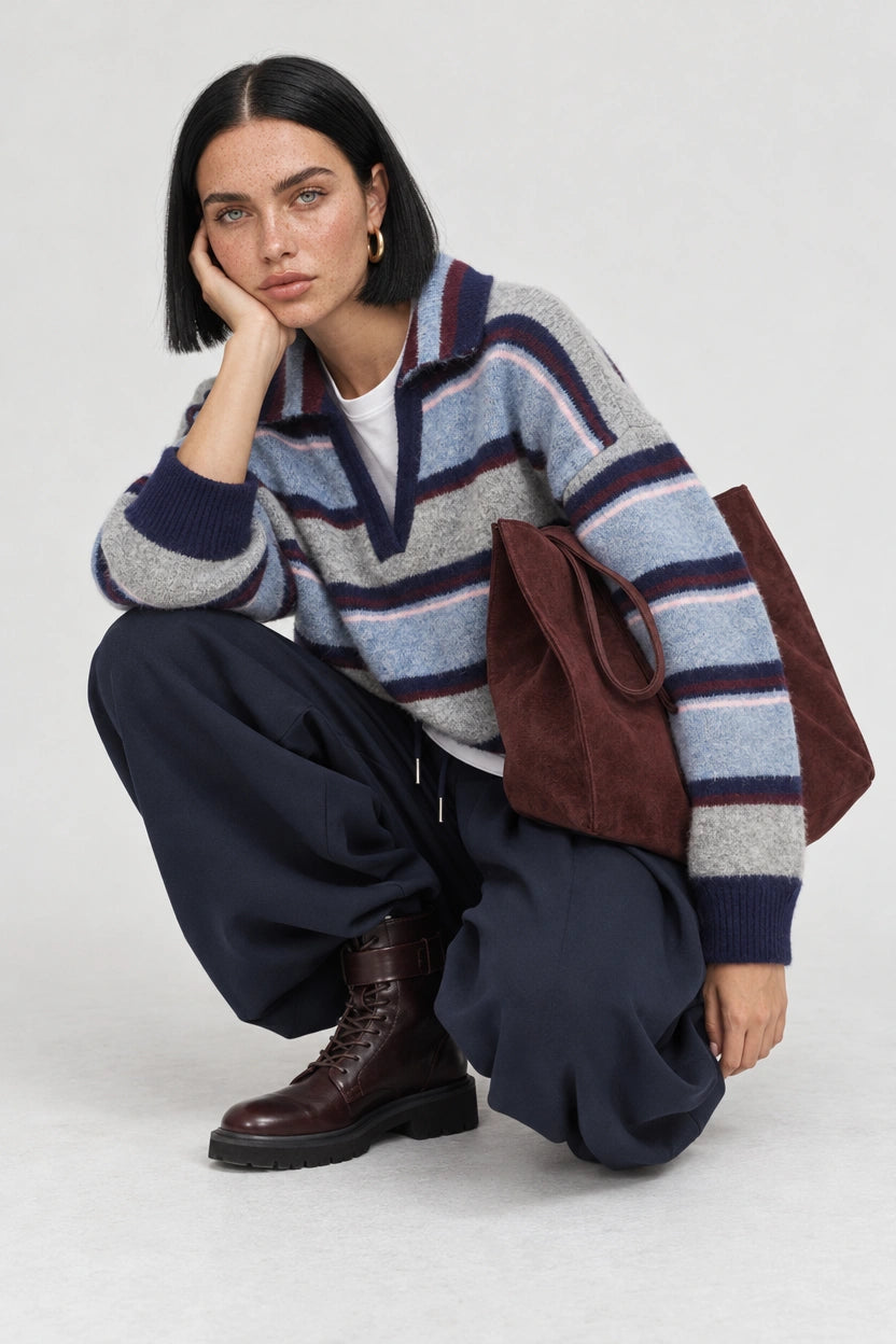 Toptan Polo Yaka Çizgili Oversize Kadın Kazak