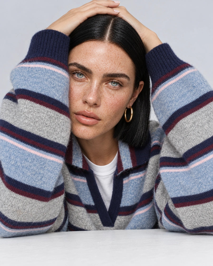 Toptan Polo Yaka Çizgili Oversize Kadın Kazak