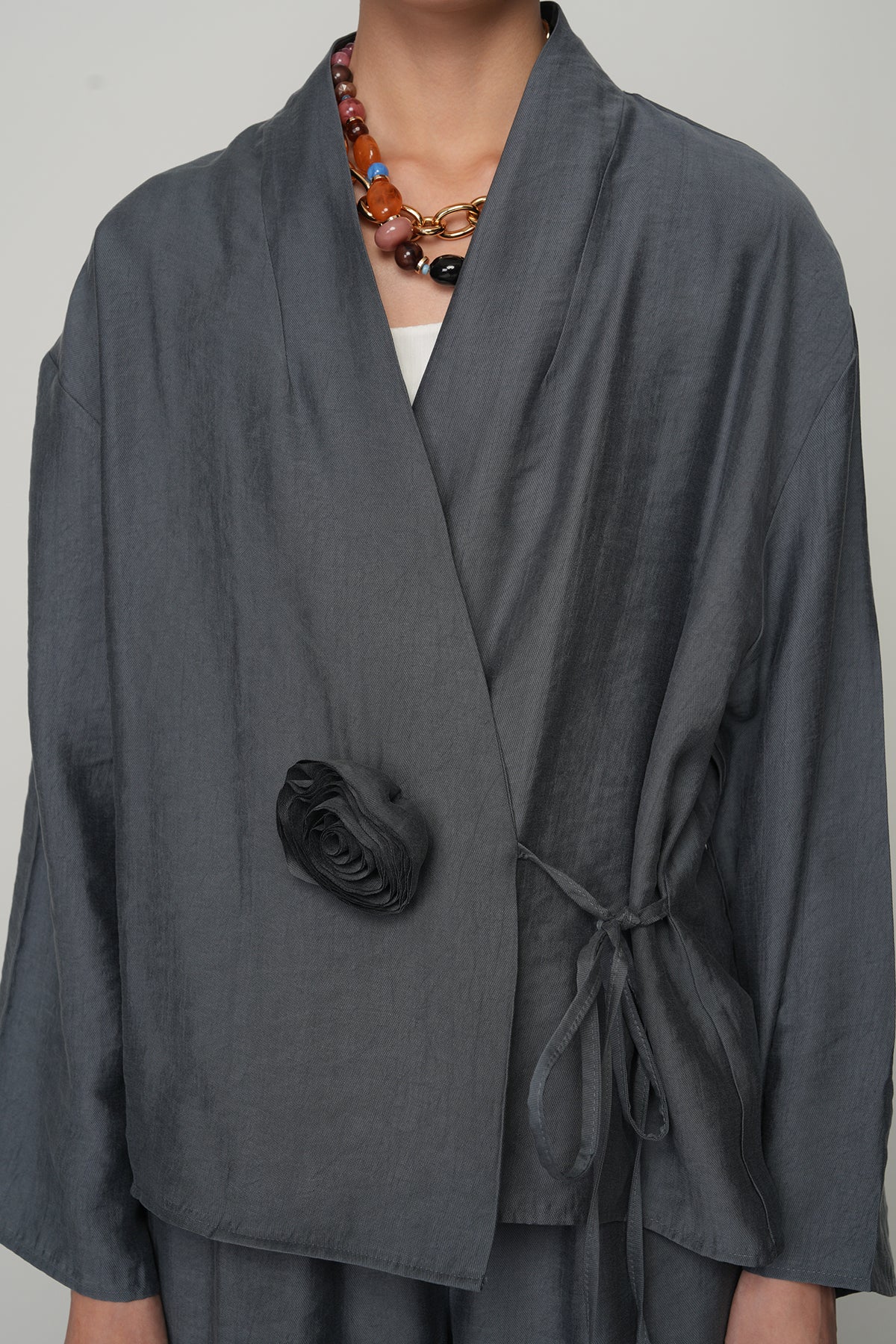 Gül detaylı yandan bağlamalı kadın kimono-ceket – toptan kadın giyim