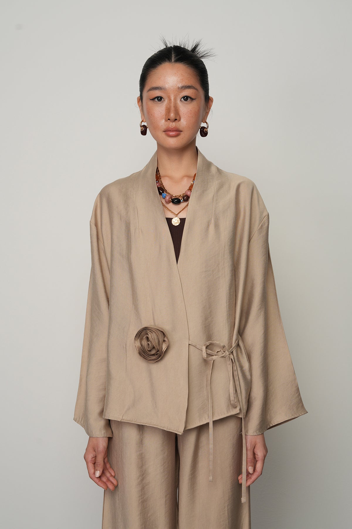 Gül detaylı yandan bağlamalı kadın kimono-ceket – toptan kadın giyim