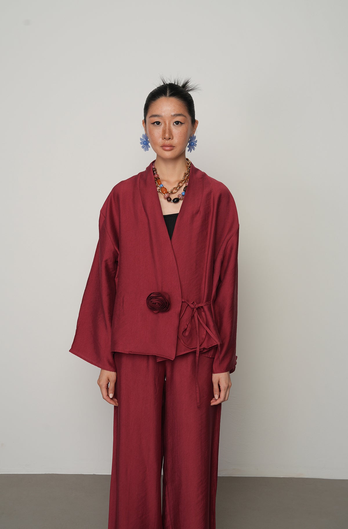 Gül detaylı yandan bağlamalı kadın kimono-ceket – toptan kadın giyim