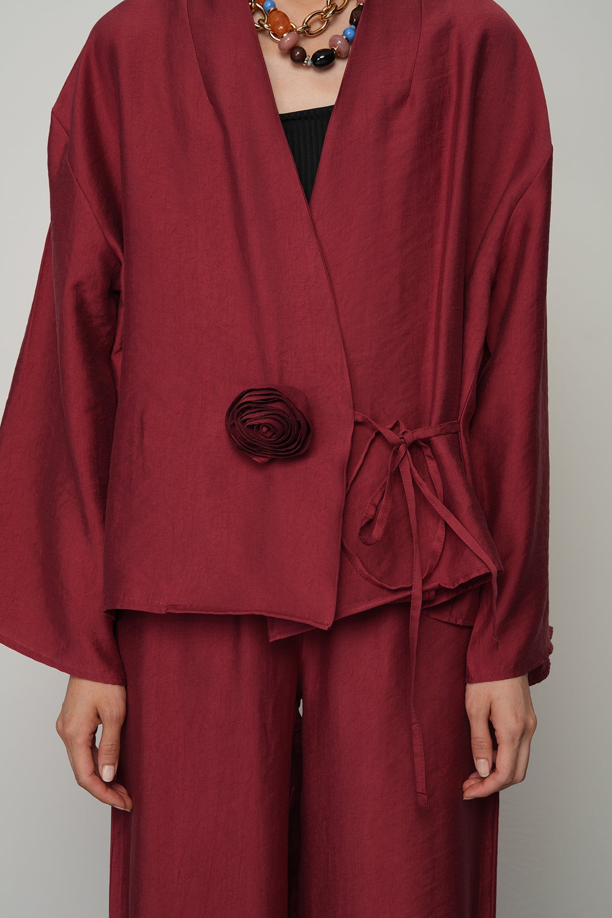 Gül detaylı yandan bağlamalı kadın kimono-ceket – toptan kadın giyim