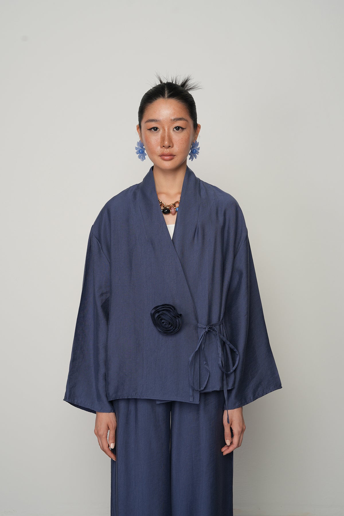 Gül detaylı yandan bağlamalı kadın kimono-ceket – toptan kadın giyim