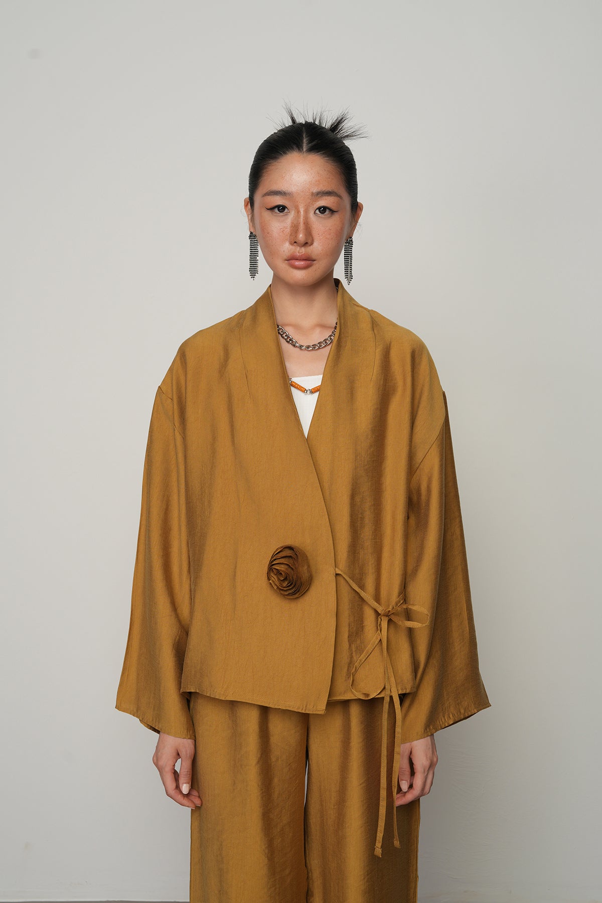 Gül detaylı yandan bağlamalı kadın kimono-ceket – toptan kadın giyim