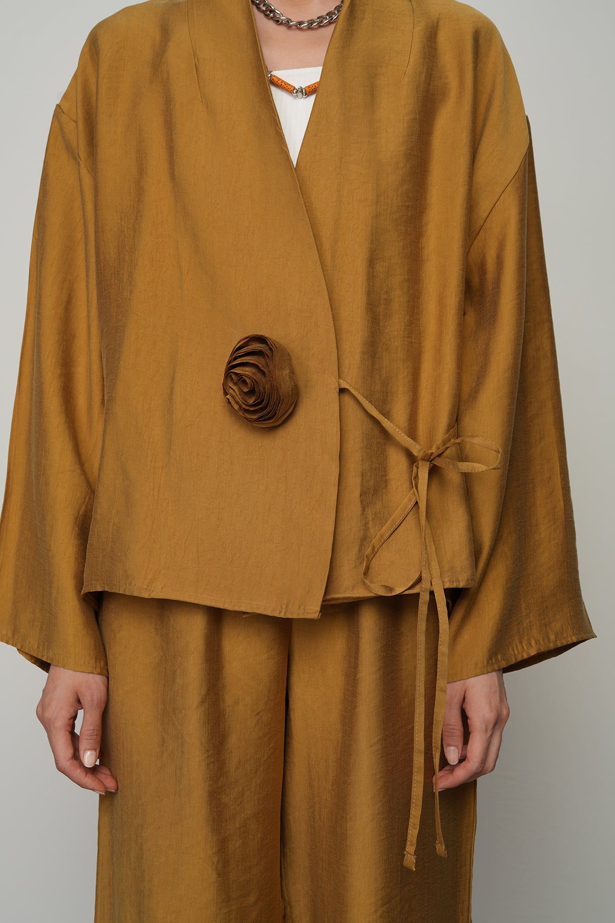 Gül detaylı yandan bağlamalı kadın kimono-ceket – toptan kadın giyim