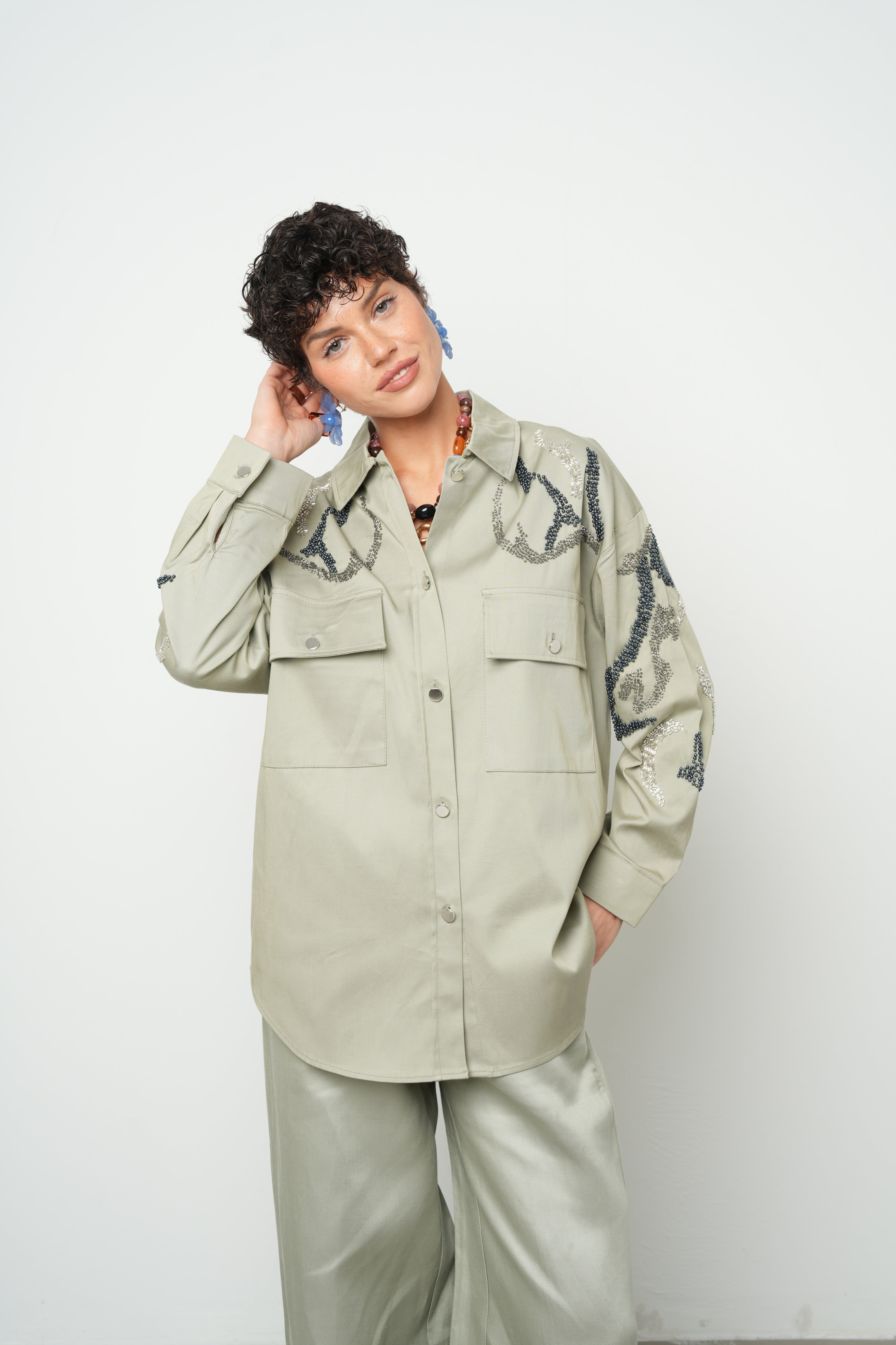 Boncuk İşlemeli Cepli Kadın Ceket - 38161 Mint